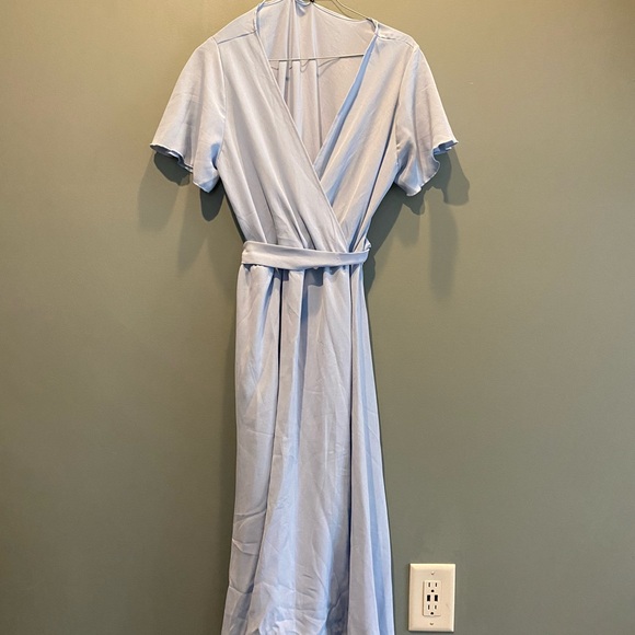 Elegant, Womens Dress.. Flutter Sleeve, Belted, Light Blue- SHEIN Wrap Dress - Picture 2 of 7